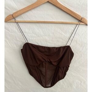 MESHKI Corset Top Womens Size XS Brown Sheer Mesh Halter Boned Sculptural